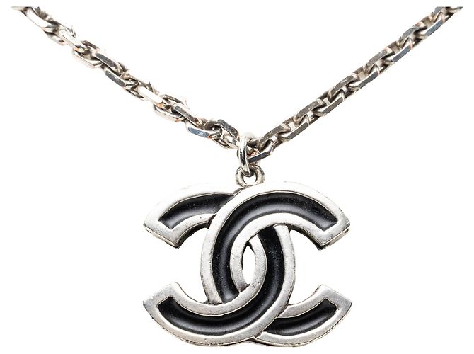 Chanel Silber CC Messing Email Anhänger Halskette
