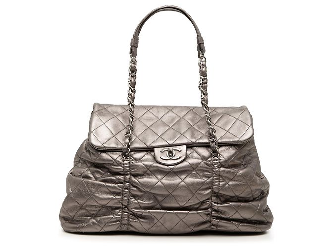 Chanel Flap Sharpei em pele de cordeiro metalizada acolchoada cinza Marrom