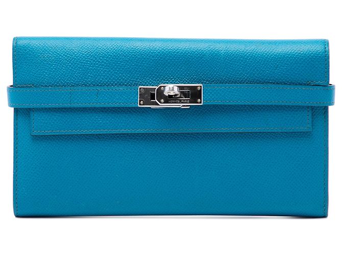 Portefeuille long trifold Kelly en cuir Epsom bleu Hermès