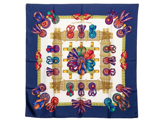 Hermès Hermes Carre 90 LES RUBANS DU CHEVAL Pañuelo Multicolor Azul marino
