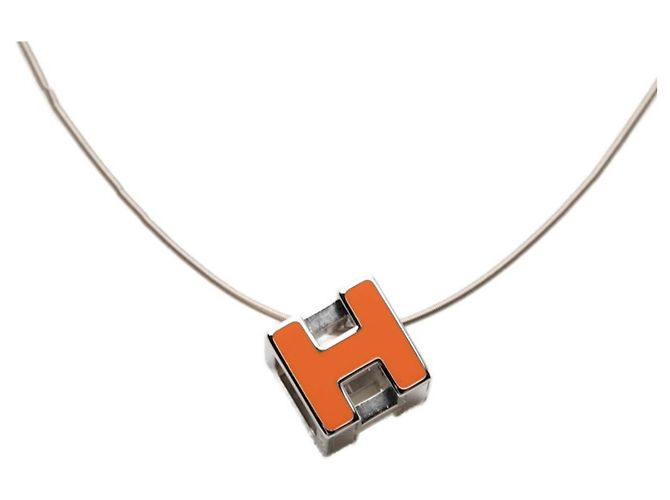 Hermès Collana con pendente Hermes Cage d'H Chain H-Cube Argento Arancione