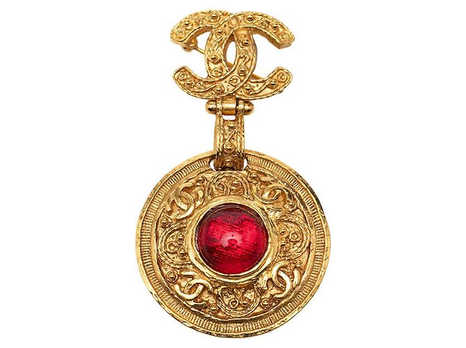 Chanel Coco Mark Gripoix Rundbroche Rot Golden