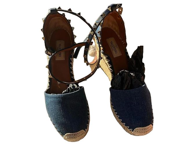Valentino Garavani Rockstud Espadrilles Zeppa Denim Blu Beige