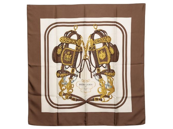 Hermès Hermes Carre 90 BRIDE de GALA Lenço de cerimônia Marrom Amarelo