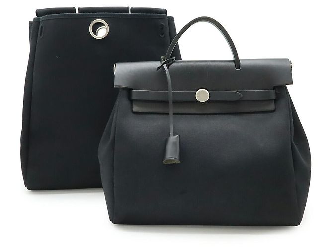 Hermès Sac à main 2 façons Hermes HerbagPM Toile Officier Leather Noir
