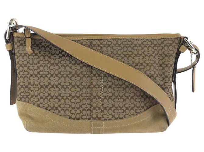 Bolsa de ombro COACH em couro e lona Signature Mini Marrom Bege