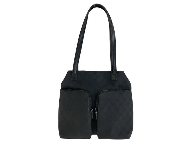 Bolsa Tote de lona GG preta e couro Gucci