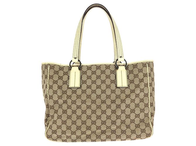 Bolso Tote de lona GG y cuero Gucci Castaño Beige