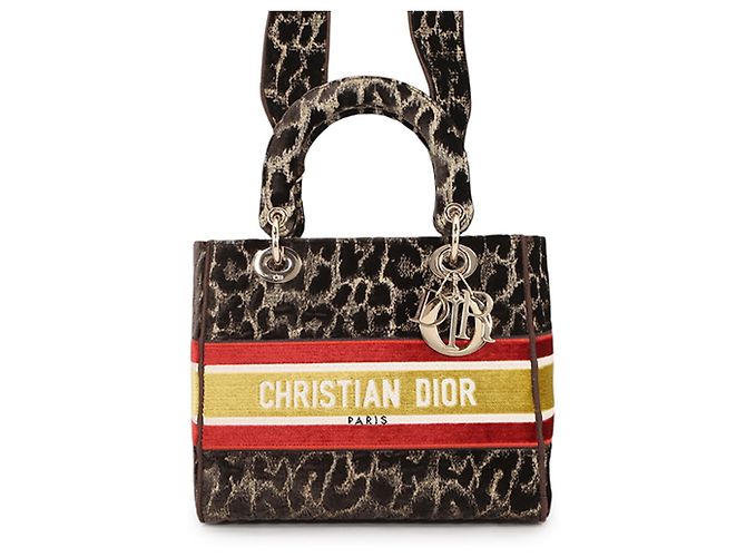 Bolso Christian Dior Lady D-Lite Medium de terciopelo Castaño Multicolor Dorado