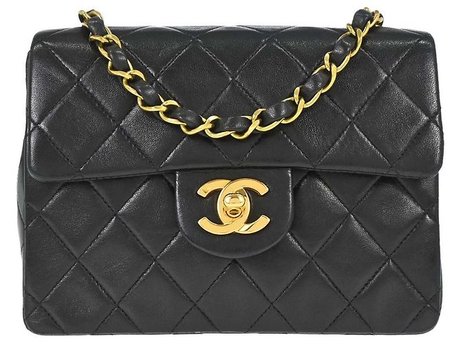 Chanel Vintage Square Classic Single Flap gestepptes Lammleder Mini Schwarz