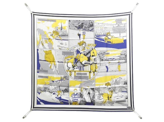 Hermès Lenço echarpe Hermes WOW Carre Double Face Marrom Branco Azul Amarelo