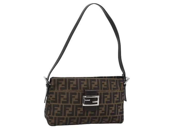 FENDI Zucca Canvas Mamma Baguette Borsa a Spalla Nero Marrone Auth 190180SAV
