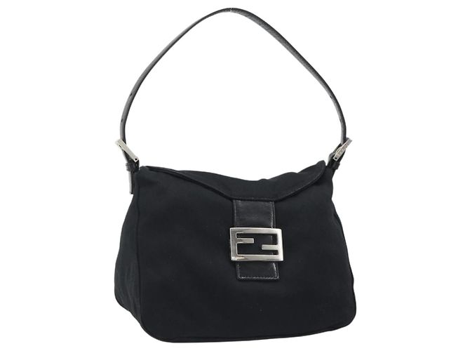 FENDI Handtasche Baumwolle Schwarz Silber Auth mr2595