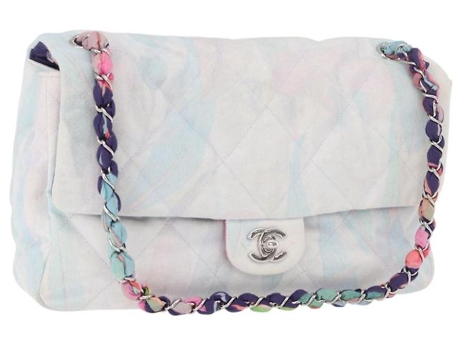CHANEL Big Matelasse 30 Chain Bag Canvas Light Blue Silver CC Auth 189235SAV Plata Azul claro