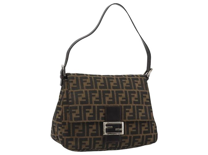 FENDI Zucca Canvas Mamma Baguette Shoulder Bag Black Brown Auth 189496SAM Marron Noir