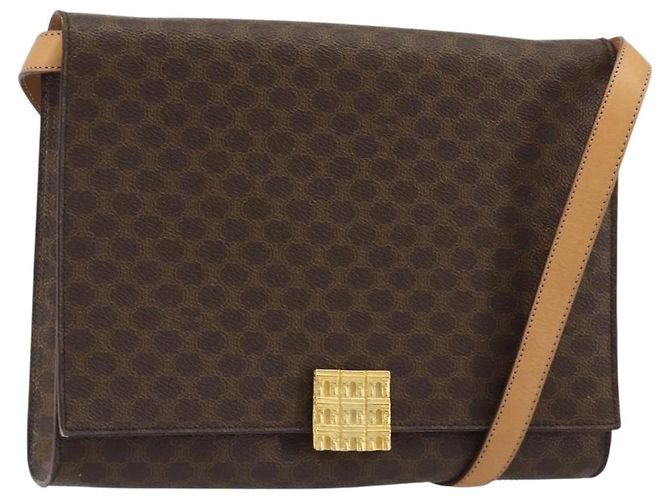 Céline Bolsa de Ombro CELINE Macadam Canvas PVC Couro Marrom Ouro Auth 189539A Dourado