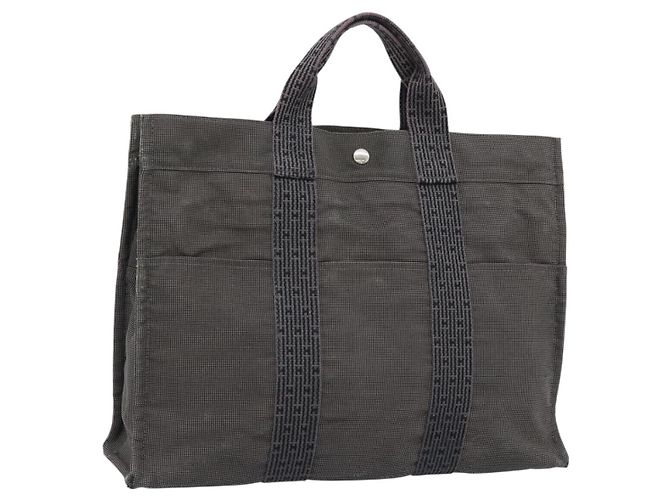 Hermès HERMES Her Line MM Handtasche Canvas Grau Silber Authentisch 189544 Braun
