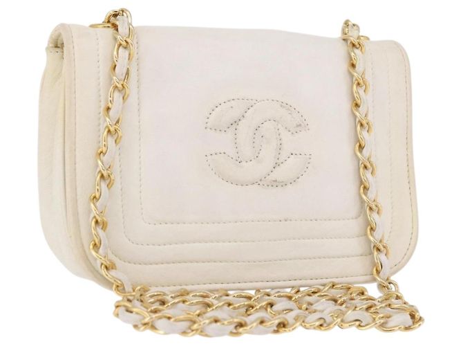 CHANEL Chain Shoulder Bag Lammleder Weiß Gold CC Auth 186589A Golden