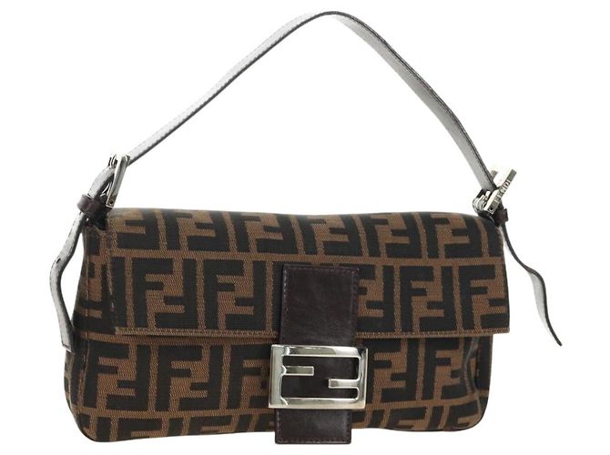 FENDI Zucca Canvas Mamma Baguette Borsa a Spalla Nero Marrone Auth 189121SV
