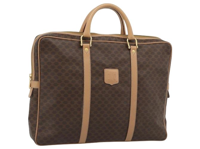 Céline Bolsa Business CELINE Macadam Canvas PVC Couro Marrom Ouro Auth 190276 Dourado