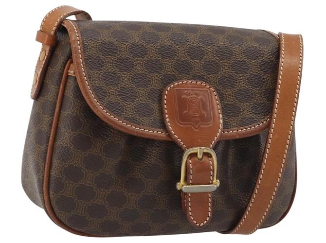 Céline Bolsa de Ombro CELINE Macadam Canvas PVC Couro Marrom Ouro Auth ep14938 Dourado