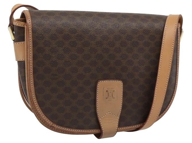 Céline Bolsa de Ombro CELINE Macadam Canvas PVC Couro Marrom Ouro Auth ka5079 Dourado