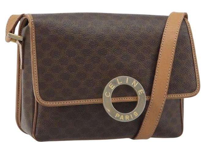 Céline Bolsa de ombro circular CELINE Macadam Canvas PVC Couro Marrom Ouro Auth 189595 Dourado