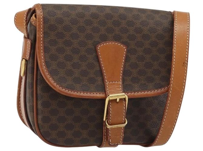 Céline Borsa a tracolla CELINE Macadam Canvas PVC Pelle Marrone Oro Auth ka4976 D'oro