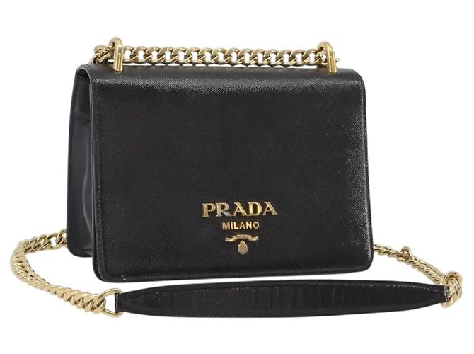 Borsa a Spalla con Catena PRADA in Pelle Saffiano Nera e Oro Auth 189622A Nero D'oro
