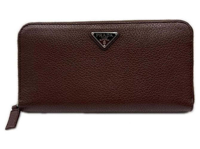 Prada Vitello Daino Leather Triangle Logo Long Wallet Brown