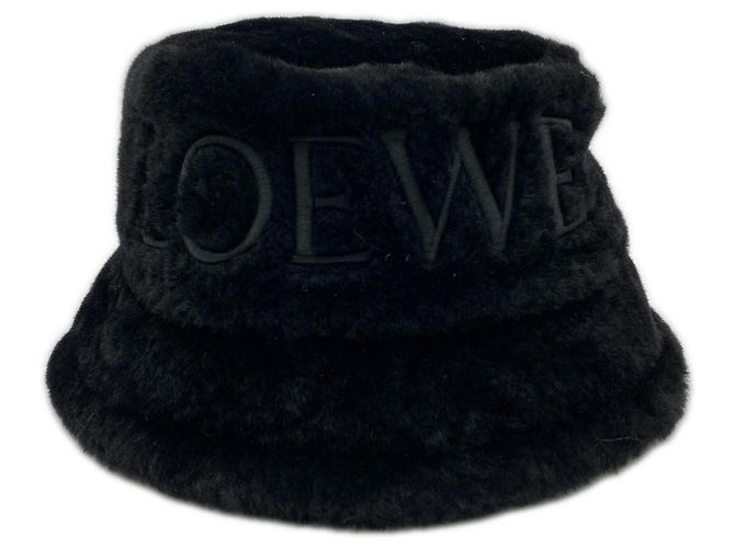 Cappello bucket Loewe in shearling con logo ricamato Nero