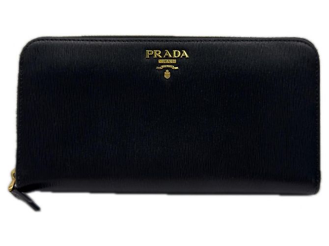 Prada Saffiano Metal Round Zipper Long Wallet Black