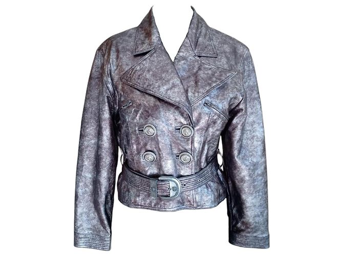 Versus Versace Metallic Silver Taupe Leather Biker Jacket IT 42 Brown Silvery Golden Bronze