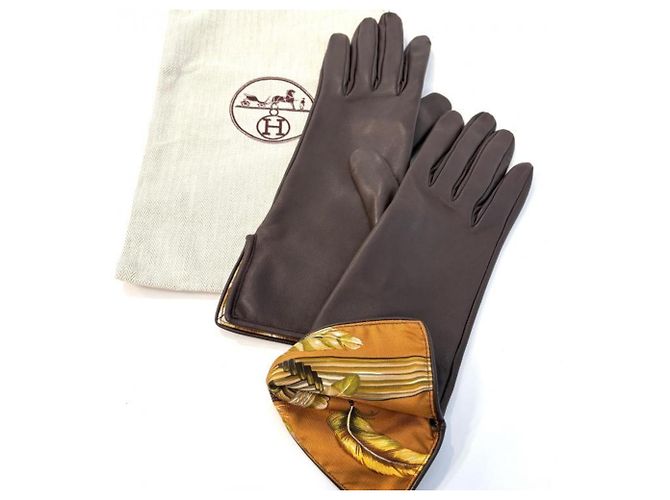 Hermès Luvas curtas de seda e couro marrom Hermes