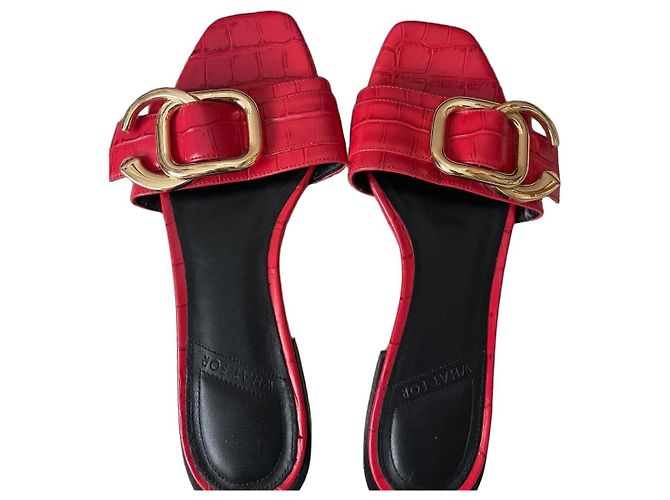 Autre Marque WHAT FOR Red Croc-Effect Leather Flat Sandals