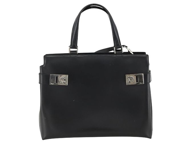 Bolsa Tote de couro Salvatore Ferragamo Double Gancini com fivela lateral Medium Preto