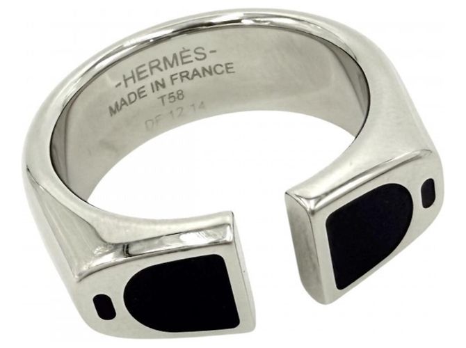 Hermès Hermes Men's Etrier Band Ring Silvery Navy blue