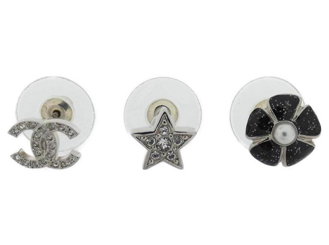 Chanel ABG901 Stud Earrings Black Silvery White