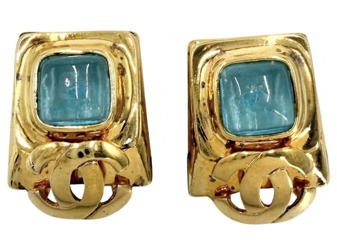 Orecchini a clip Chanel Vintage D'oro Blu chiaro