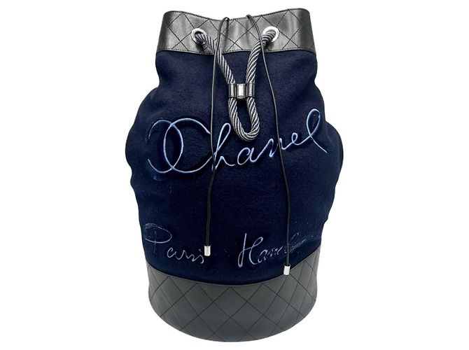 Borsa a tracolla in lana e pelle blu navy da donna Chanel