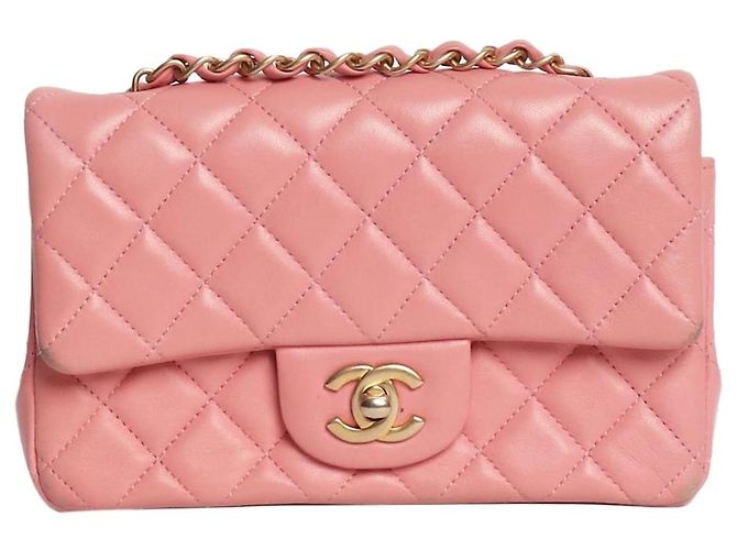 Chanel Bolsa Classic Single Flap mini retângulo em pele de cordeiro rosa 2019