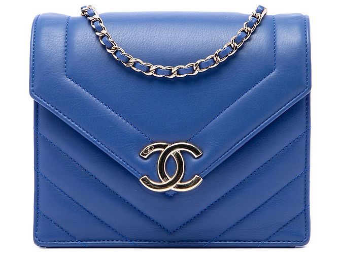 Chanel Blue Small CC Chevron Capretto Envelope Flap
