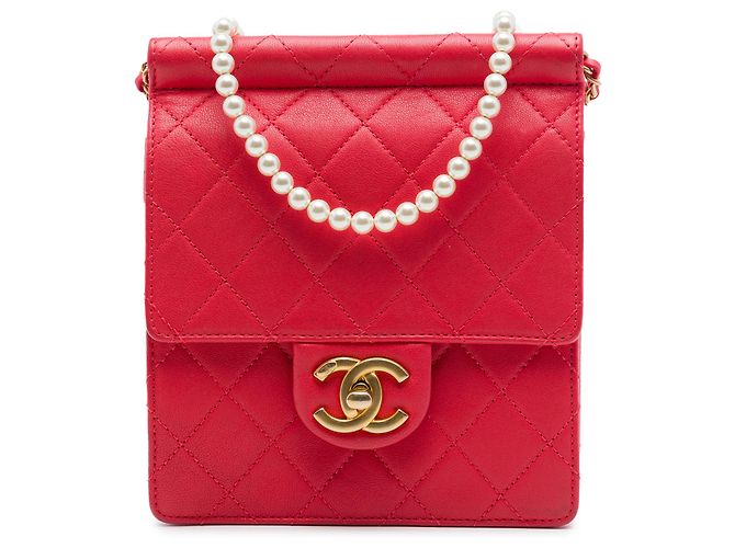 Chanel Red Small Quilted Lambskin Chic Pearls Flap