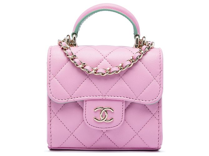 Chanel Pink Mini CC gestepptes Lammleder Top Handle Clutch mit Kette