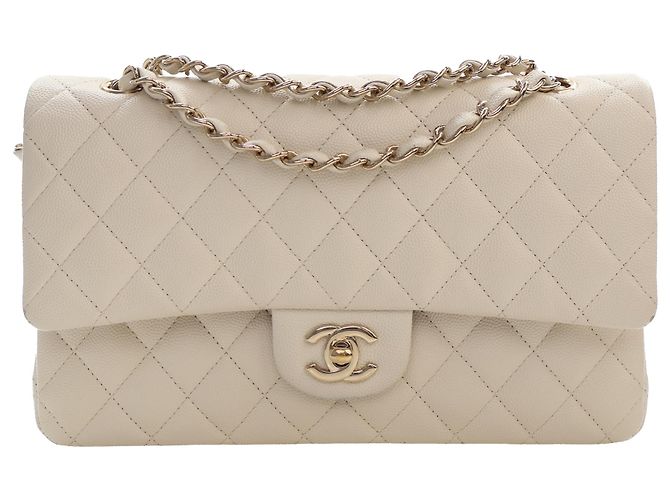 Chanel White Medium Classic Caviar Double Flap Weiß Roh