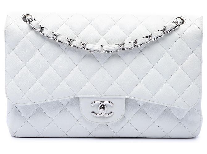Chanel White Jumbo Classic Caviar Double Flap Blanc