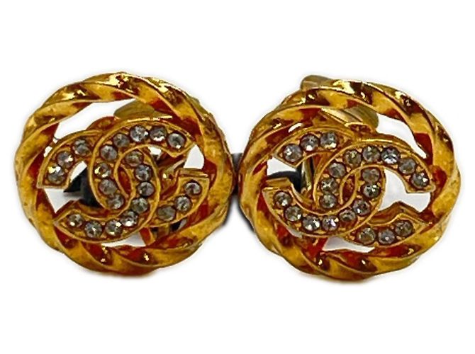 Chanel Coco Mark Round Circle Strass-Ohrringe Golden