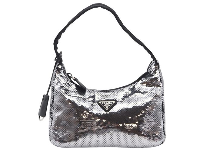 Sac Hobo Prada Nylon Re-Edition Sequin Noir Argenté