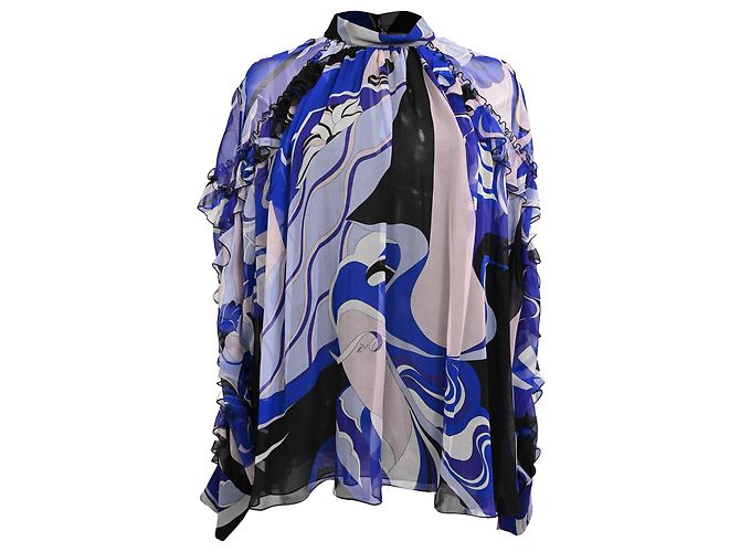 Camicetta con volant Emilio Pucci con stampa astratta in seta multicolore Blu Blu chiaro