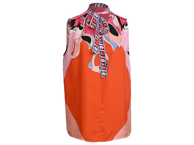 Camicetta senza maniche con collo a fiocco con stampa astratta Emilio Pucci in seta multicolore